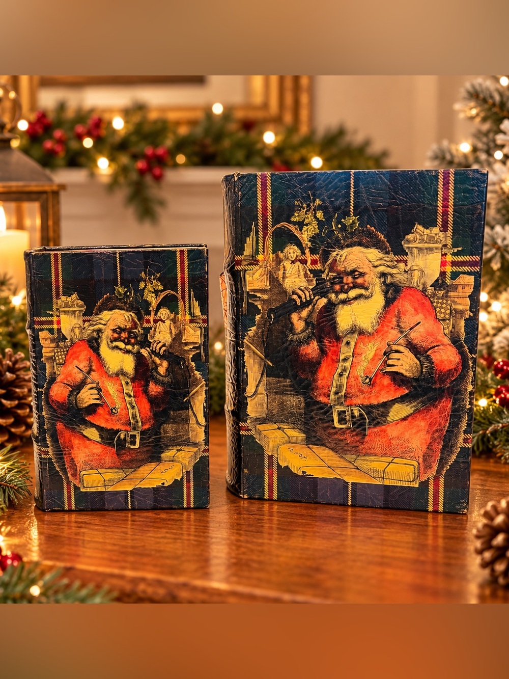Bethany Lowe Thomas Nast Santa Plaid Nesting Book Boxes Christmas Set of 2